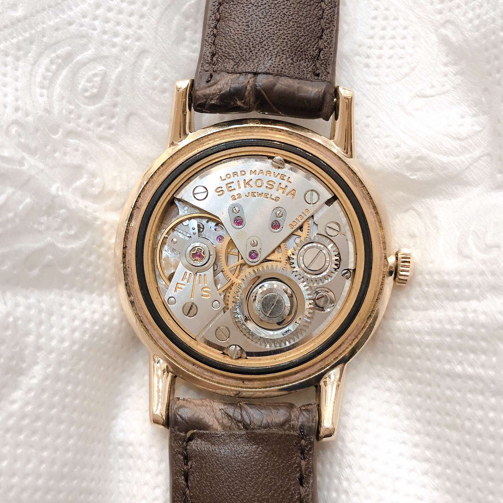 Đồng hồ cổ Seiko Lord Marvel lên dây mặt huyết 14k goldfilled 14k 80 micro Nhật Bản